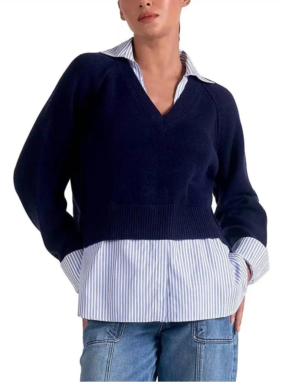 Elan Stevie Layered V-Neck Sweater Pinstripe Shirt Combo S Navy Blue